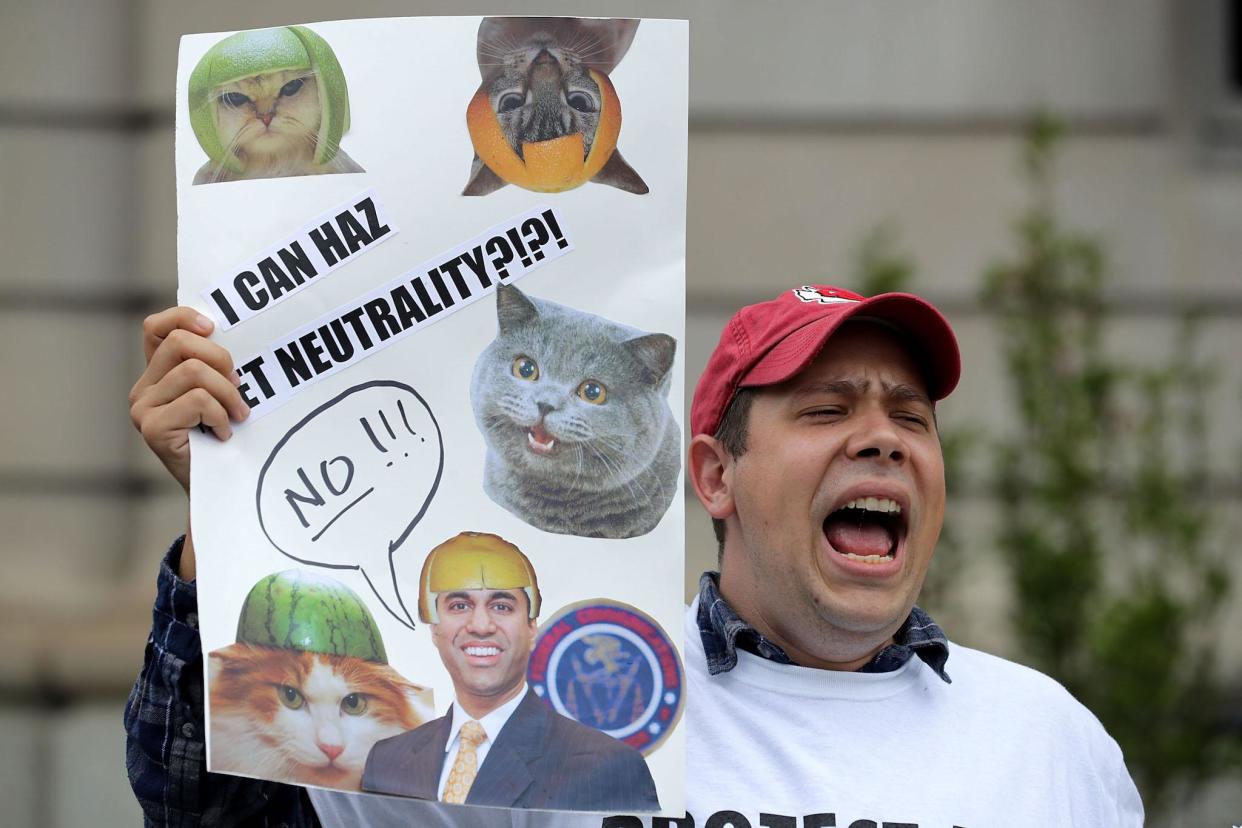 Proponents of net neutrality protest against Federal Communication Commission Chairman Ajit Pai outside the American Enterprise Institute before his arrival May 5, 2017 in Washington, DC: Getty ImagesaChip Somodevilla/Getty Images