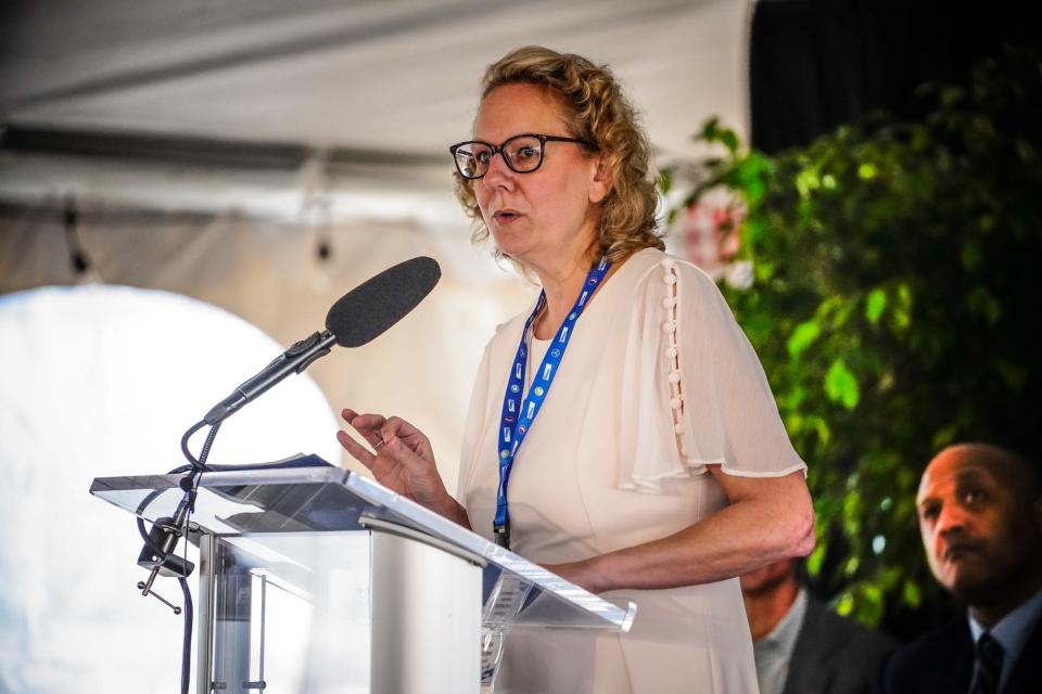 Councillor Kristin Jones, from District 16, speaks during the official groundbreaking for Elanco's global headquarters, at the former GM Stamping Plant Site on Tuesday, April 12, 2022, in Indianapolis. 