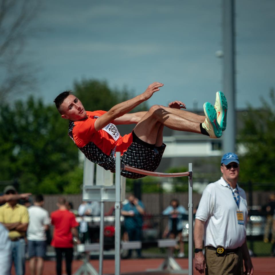 Rome Free Academy's Edward Rakowski competes in the high jump during the 2022 NYSPHSAA Outdoor Track and Field Championships in Syracuse on Saturday, June 11, 2022.