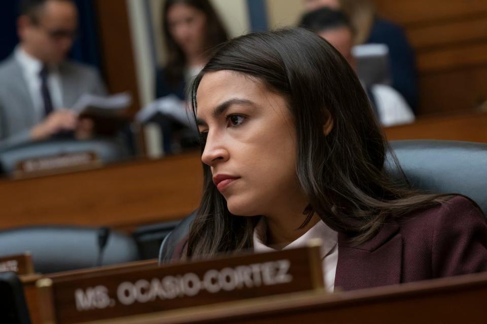 Rep. Alexandria Ocasio-Cortez, D-N.Y., attends a House Oversight Committee hearing on high prescription drugs prices shortly after her private meeting with Speaker of the House Nancy Pelosi, D-Calif., on Capitol Hill in Washington, Friday, July 26, 2019. (AP Photo/J. Scott Applewhite)