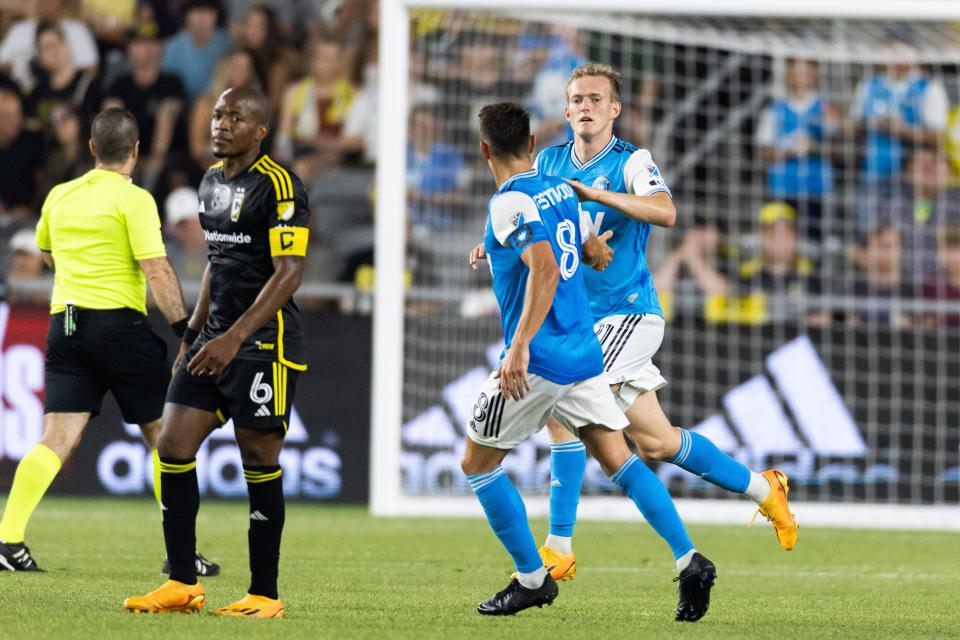 Charlotte FC forward Karol Swiderski (11) celebrates his goal in the second half against the Columbus Crew in early June. Swiderski leads Charlotte with five goals but the club features seven players with multiple goals in 2023.