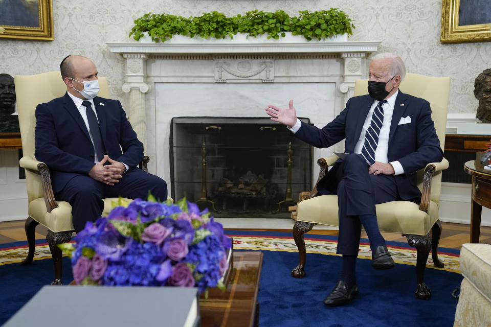 President Joe Biden meets with Israeli Prime Minister Naftali Bennett in the Oval Office of the White House, Friday, Aug. 27, 2021, in Washington. (AP Photo/Evan Vucci)