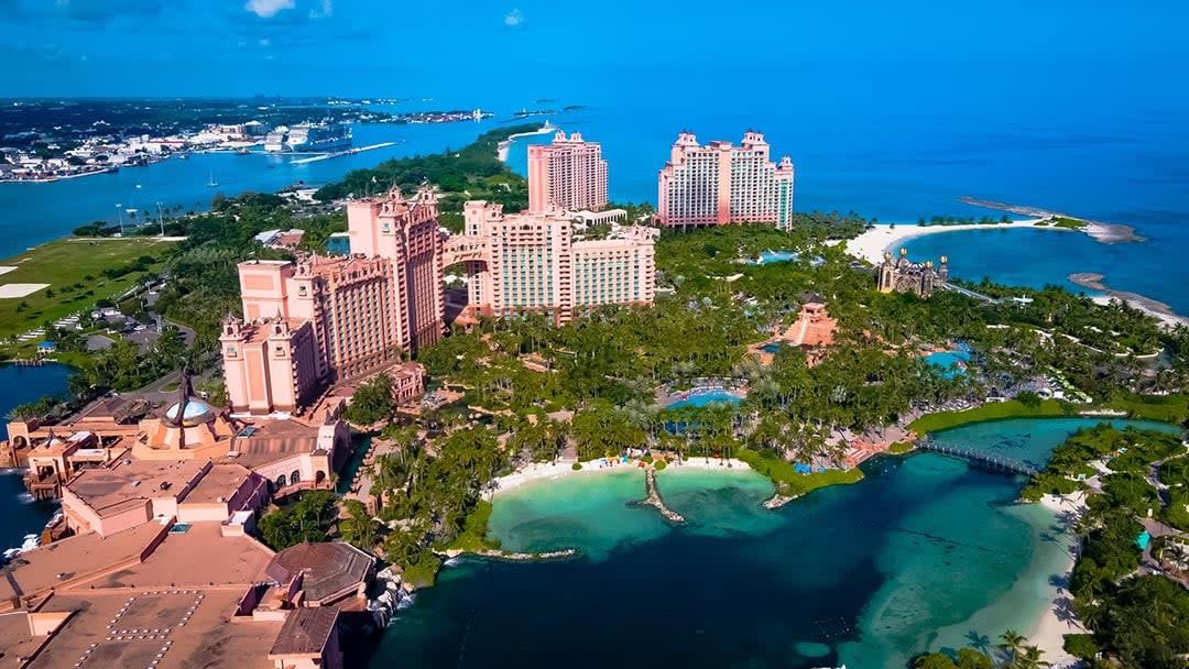 Aerial view of Paradise Island Resort in the Bahamas. 