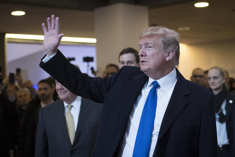 U.S. President Donald Trump arrives at the Congress Center during the annual meeting of the World Economic Forum, WEF, in Davos, Switzerland, Thursday, Jan. 25, 2018. (Gian Ehrenzeller/Keystone via AP)