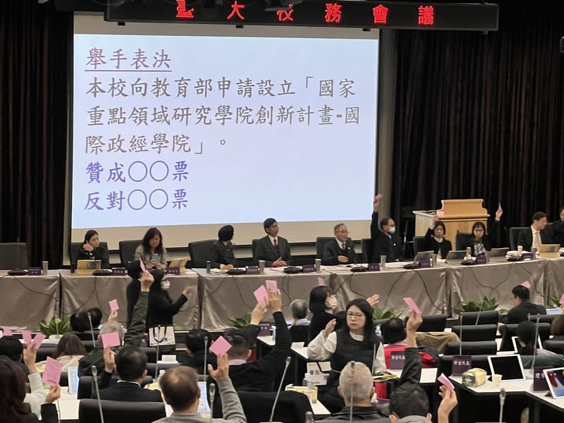 台大國際政經學院  校務會議投票通過 台灣大學校長陳文章規劃向教育部申請設置「國際政 經學院」，10月時遭校務會議擱置，23日二度闖關， 經投票表決通過，將正式向教育部提出申請。 中央社記者陳至中攝  112年12月23日 