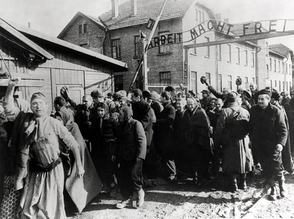 Survivors of Auschwitz leaving the camp at the end of World War II in February 1945. 