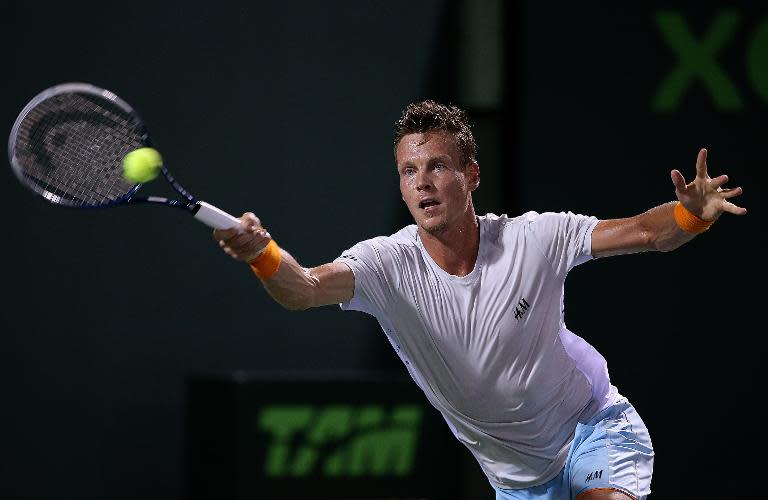 Tomas Berdych during his Miami Masters match against Juan Monaco on April 1, 2015 in Key Biscayne