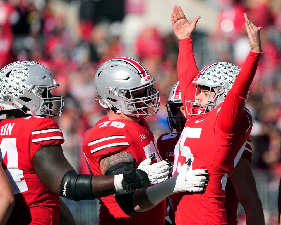 Nov 26, 2022; Columbus, OH, USA; Ohio State Buckeyes place kicker Noah Ruggles (95) celebrates a field goal against Michigan Wolverines in the first quarter of their game at Ohio Stadium. 