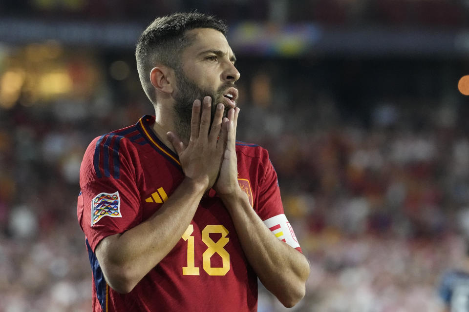 Spain's Jordi Alba reacts during the Nations League final soccer match between Croatia and Spain at De Kuip stadium in Rotterdam, Netherlands, Sunday, June 18, 2023. (AP Photo/Martin Meissner)