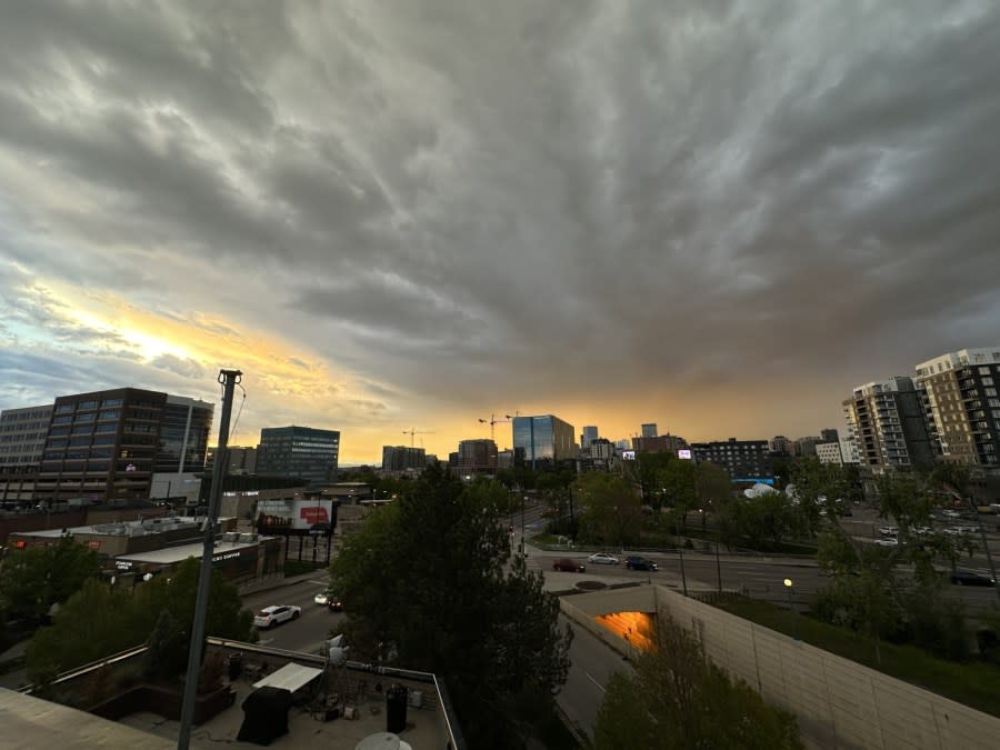 A stormy sunset is seen from the FOX31/Channel 2 weather deck on May 12, 2024. (Brooke Williams)