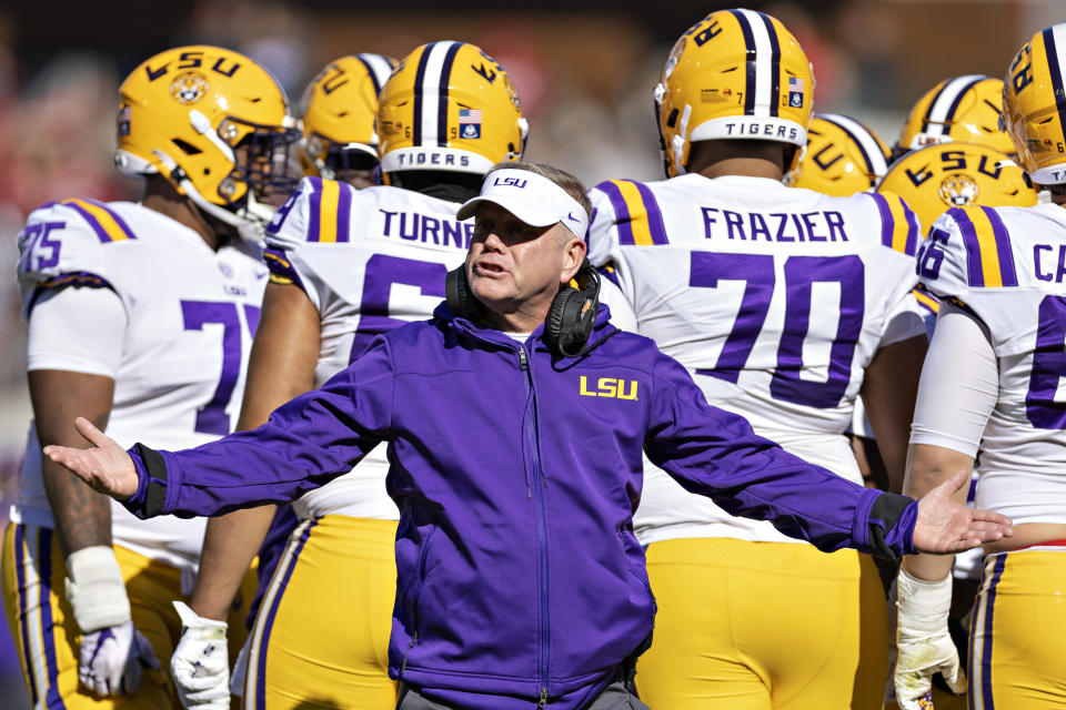 FAYETTEVILLE, ARKANSAS – NOVEMBER 12: Head Coach Brian Kelly of the LSU Tigers talks to the officials in the first half of a game against the Arkansas Razorbacks at Donald W. Reynolds Razorback Stadium on November 12, 2022 in Fayetteville, Arkansas. (Photo by Wesley Hitt/Getty Images)