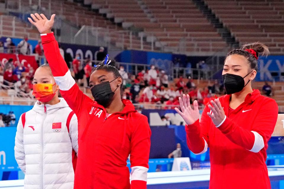 Simone Biles (USA) before competing on the balance beam during the Tokyo 2020 Olympic Summer Games at Ariake Gymnastics Centre.