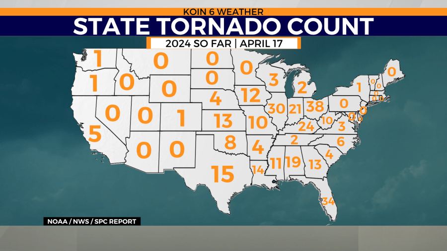 <em>Reported tornado by the Storm Predication Center as of April 17, 2024</em>