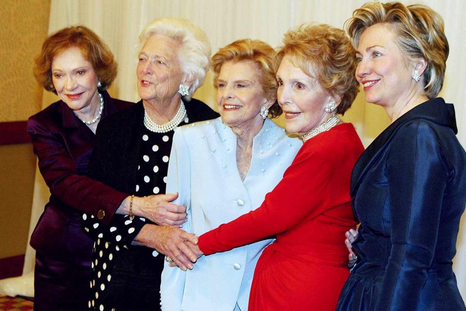 <p>What a club! Rosalynn stands with fellow former first ladies Barbara Bush, Betty Ford, Nancy Reagan and Hillary Clinton at the 20th anniversary celebration of the Betty Ford Center in 2003.</p>