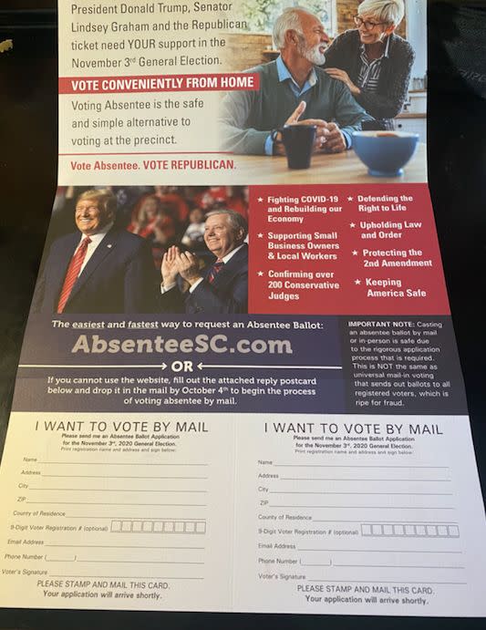 The mailer includes handy postcards that state "I Want To Vote By Mail." (Photo: South Carolina GOP mailer)