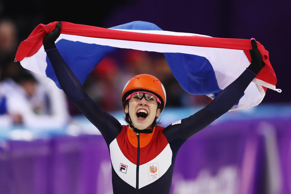 <p>Suzanne Schulting of the Netherlands celebrates winning gold in the Ladies’ 1,000m Short Track Speed Skating Final A on day thirteen of the PyeongChang 2018 Winter Olympic Games at Gangneung Ice Arena on February 22, 2018 in Gangneung, South Korea. (Photo by Richard Heathcote/Getty Images) </p>