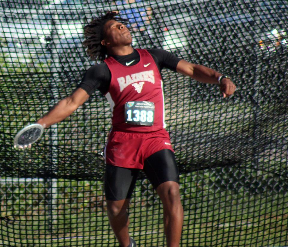Rashaad Hall of Raines throws during the Class 2A boys discus championships in 2021.