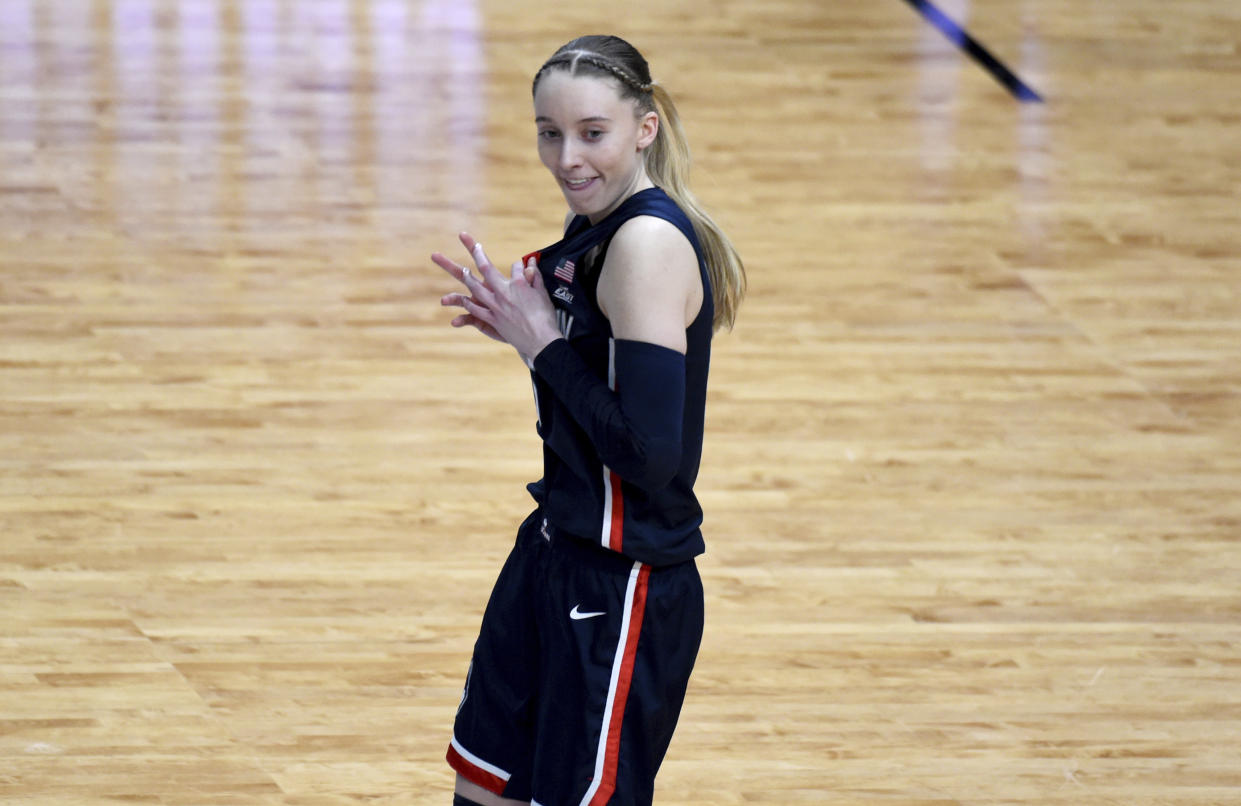 UConn guard Paige Bueckers reacts as time runs down during an Elite Eight college basketball game against Southern California in the women's NCAA Tournament, Monday, April 1, 2024, in Portland, Ore. (AP Photo/Steve Dykes)