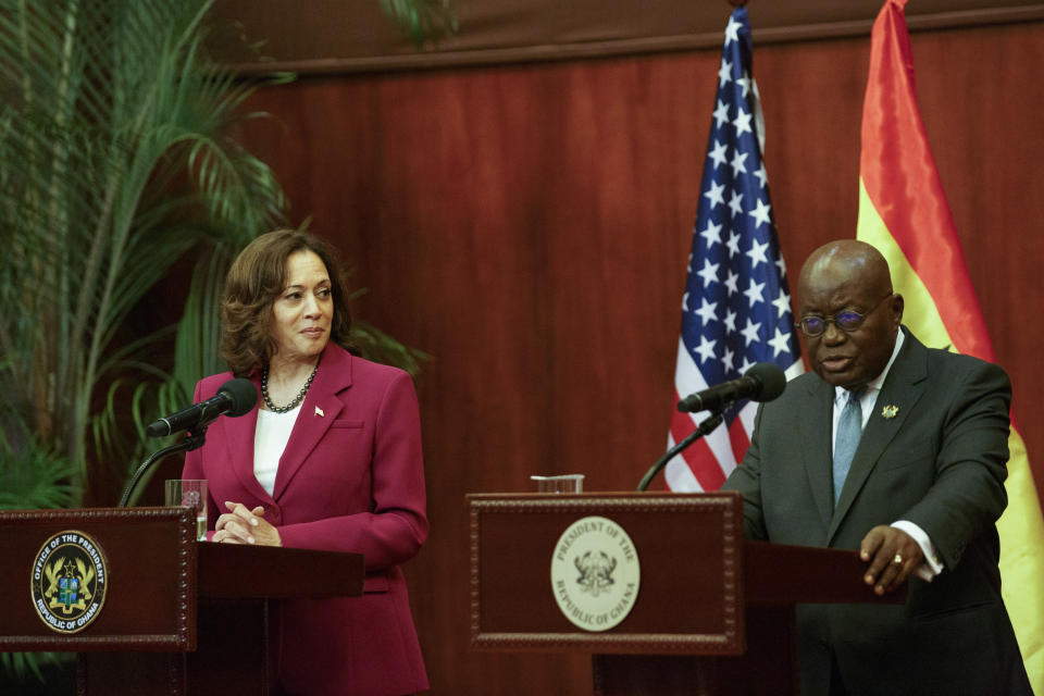 U.S. Vice President Kamala Harris, and Ghana President Nana Akufo-Addo, address a news conference in Accra, Ghana, Monday March 27, 2023. Harris is on a seven-day African visit that will also take her to Tanzania and Zambia. (AP Photo/Misper Apawu)