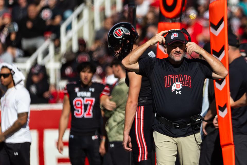 Utah coach Kyle Whittingham watches from the sidelines during game against Arizona State at Rice-Eccles Stadium in Salt Lake City on Saturday, Nov. 4, 2023. The Utah coach admits night games at Rice-Eccles Stadium are special, but says he prefers playing in the light of day. | Megan Nielsen, Deseret News