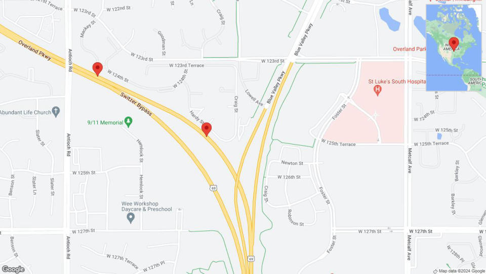 A detailed map that shows the affected road due to 'Broken down vehicle on northbound US-69 in Overland Park' on January 2nd at 2:27 p.m.