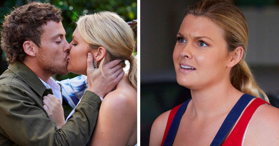 L: Sophie Dillman and Patrick O'Connor kissing on Home and Away, R: Sophie Dillman looking confused as Ziggy Astoni