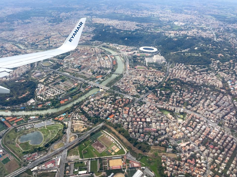 A view of the Olympic Stadium from an airplane window in Rome, Italy