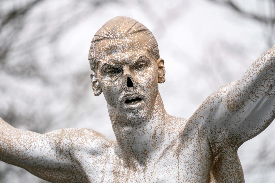 The second time the statue of Zlatan Ibrahimovic was vandalized, it was spray painted silver and the nose was cut off. (Photo by JOHAN NILSSON/TT NEWS AGENCY/AFP via Getty Images)