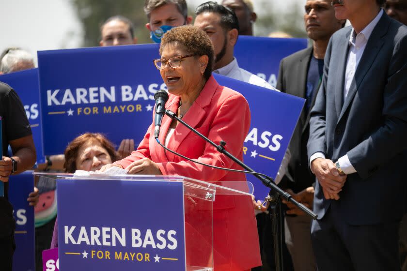 LOS ANGELES, CA - MAY 27: Rep. Karen Bass, a candidate for Los Angeles mayor, gathers with various prominent supporters at Angel's Point in Elysian Park to celebrate the campaign's momentum ahead of June's primary election on Friday, May 27, 2022 in Los Angeles, CA. (Jason Armond / Los Angeles Times)
