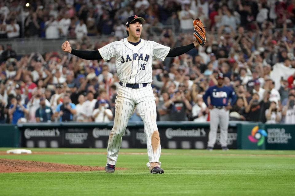 Shohei Ohtani reacts after the final out of the World Baseball Classic championship.