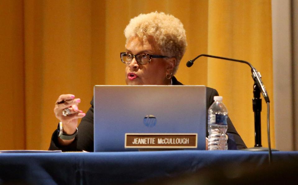 Board member Jeanette McCullough speaks about her views on the master facilities plan Monday, April 17, 2023, at the South Bend School Board meeting at LaSalle Academy in South Bend.