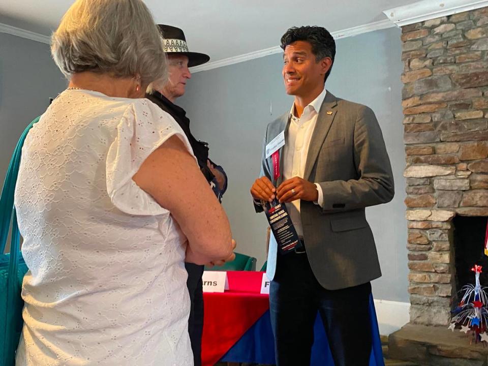 Franky Franco, a 2024 GOP candidate in the 3rd Congressional District, speaks to voters after a McCormick County Republican Party forum on Saturday, May 18, 2024.
