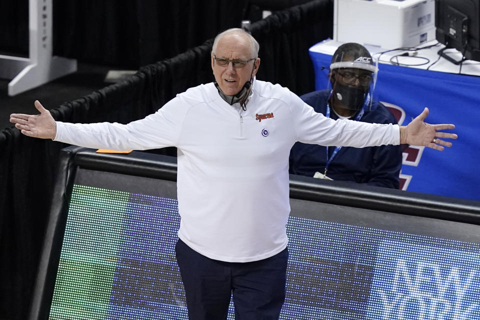 Syracuse head coach Jim Boeheim reacts to a call during the second half of an NCAA college basketball game against Virginia in the quarterfinal round of the Atlantic Coast Conference tournament in Greensboro, N.C., Thursday, March 11, 2021. (AP Photo/Gerry Broome)