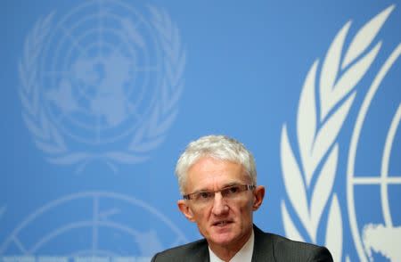 U. N. Under-Secretary-General for Humanitarian Affairs and Emergency Relief Coordinator (OCHA) Mark Lowcock attends a news conference for the launch of the "Global Humanitarian Overview 2019" at the United Nations in Geneva, Switzerland, Decemer 4, 2018. REUTERS/Denis Balibouse