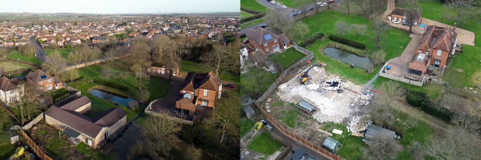 A composite image of the before (dated 04/01/24) and after demolition of an unauthorised spa pool block at the home of Hannah Ingram-Moore, the daughter of the late Captain Sir Tom Moore, at Marston Moretaine, Bedfordshire. Picture date: Monday February 5, 2024.