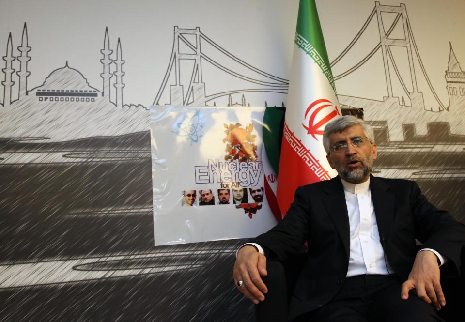 Iran's Chief Nuclear Negotiator Saeed Jalili speaks to The Associated Press after day-long talks with six world powers in Istanbul, Turkey, Saturday, April 14, 2012. (AP Photo/Burhan Ozbilici)