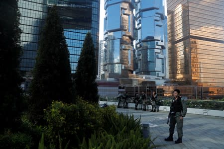 Riot police officers are pictured outside the Legislative Council complex in Hong Kong