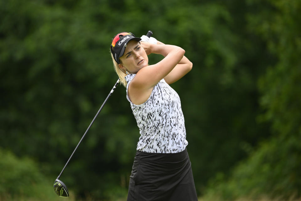 Lexi Thompson tees off on the 14th hole during the second round in the Women's PGA Championship golf tournament at Congressional Country Club, Friday, June 24, 2022, in Bethesda, Md. (AP Photo/Nick Wass)