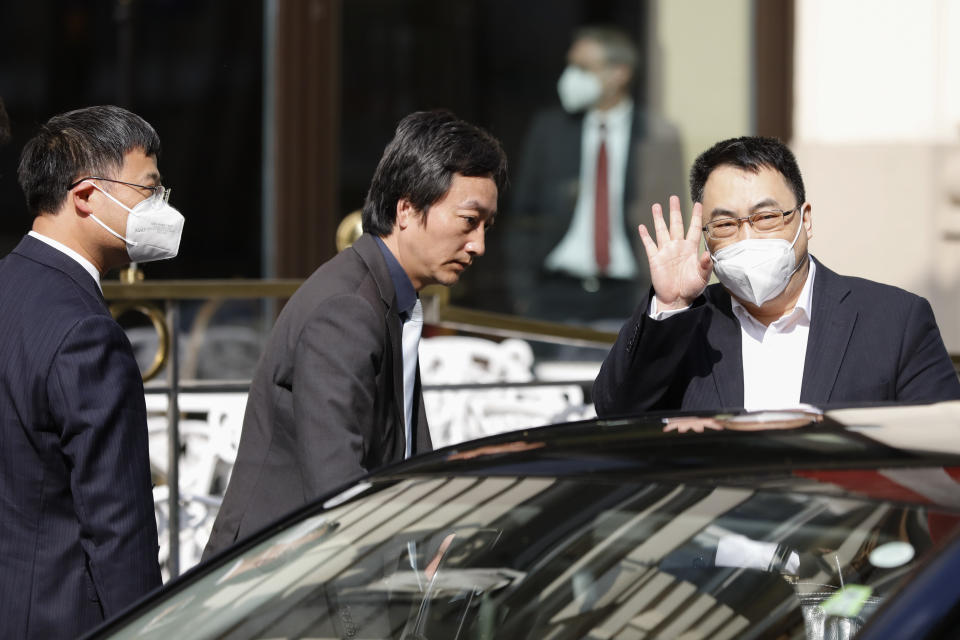 The ambassador of the Permanent Mission of the People's Republic of China to the United Nations, Wang Qun, leaves the 'Grand Hotel Wien' where closed-door nuclear talks with Iran take place in Vienna, Austria, Saturday, May 1, 2021. (AP Photo/Lisa Leutner)