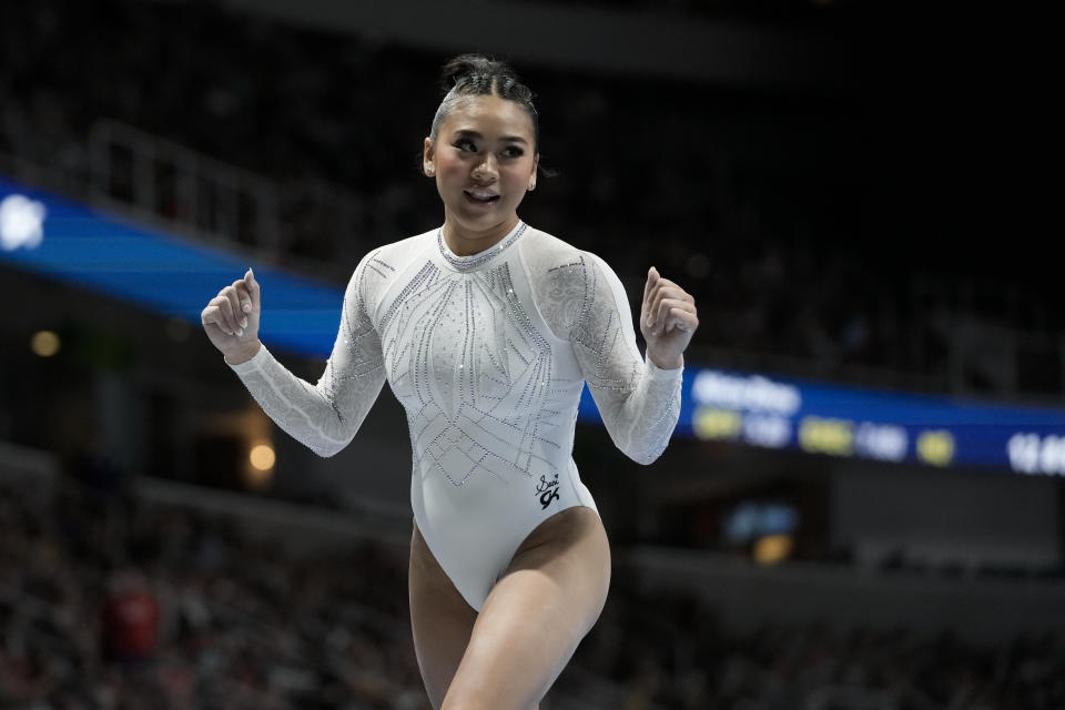 FILE - Sunisa Lee reacts after competing on the balance beam during the U.S. Gymnastics Championships Sunday, Aug. 27, 2023, in San Jose, Calif. Lee insists she’s focusing on the present rather than ahead to the Olympics. But as she went through rotations on the bars and balance beam in preparation for Saturday's, Feb. 24, 2024, USA Gymnastics Winter Cup at the Kentucky International Convention Center, it might not be long before she takes it up a notch.(AP Photo/Godofredo A. Vásquez)