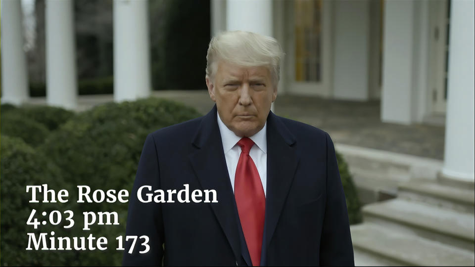 This exhibit from video released by the House Select Committee, shows President Donald Trump recording a video statement on the afternoon of Jan. 6, from the Rose Garden, displayed at a hearing by the House select committee investigating the Jan. 6 attack on the U.S. Capitol, Thursday, July 21, 2022, on Capitol Hill in Washington. (House Select Committee via AP)