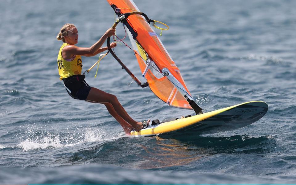 Emma Wilson of Team Great Britain competes in the Women's RS:X windsurf race on day six of the Tokyo 2020 Olympic Games at Enoshima Yacht Harbour on July 29, 2021 in Fujisawa, Kanagawa, Japan - Phil Walter/Getty Images