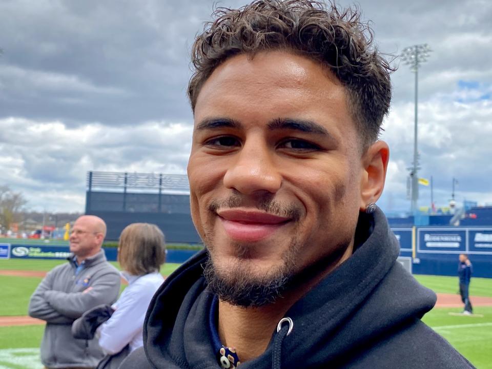 Worcester boxer Jamaine Ortiz is all smiles before throwing out the first pitch last season at Polar Park.