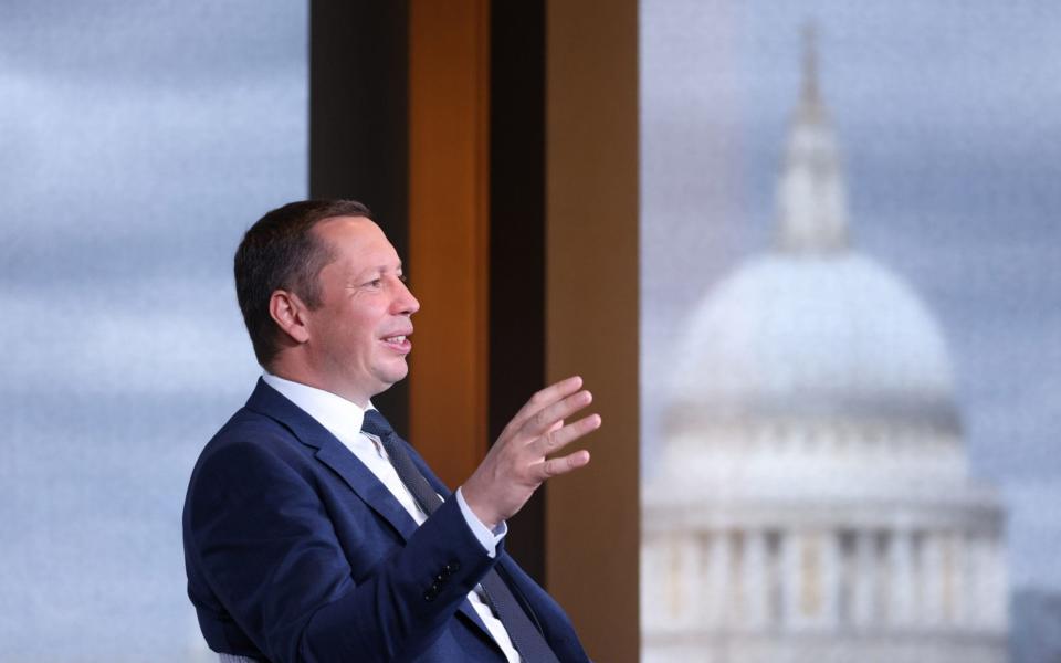 Kyrylo Shevchenko, governor of the National bank of Ukraine, gestures during a Bloomberg Television interview in London, U.K., on Thursday, July 15, 2021. Ukraine expects to receive more transfers from its $5 billion International Monetary Fund loan before it expires at year-end, according to the head of the countryâ€™s central bank. Photographer: Hollie Adams/Bloomberg - Bloomberg /Hollie Adams 