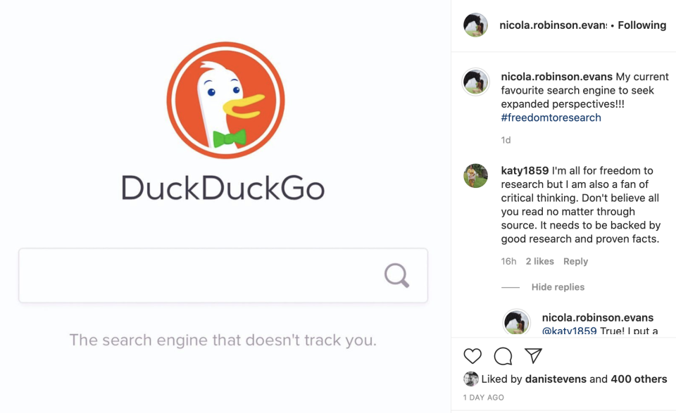 Nicola Robinson Evans advises fans to use alternative search engines and describes herself as a 'prolific researcher'. Source: Instagram