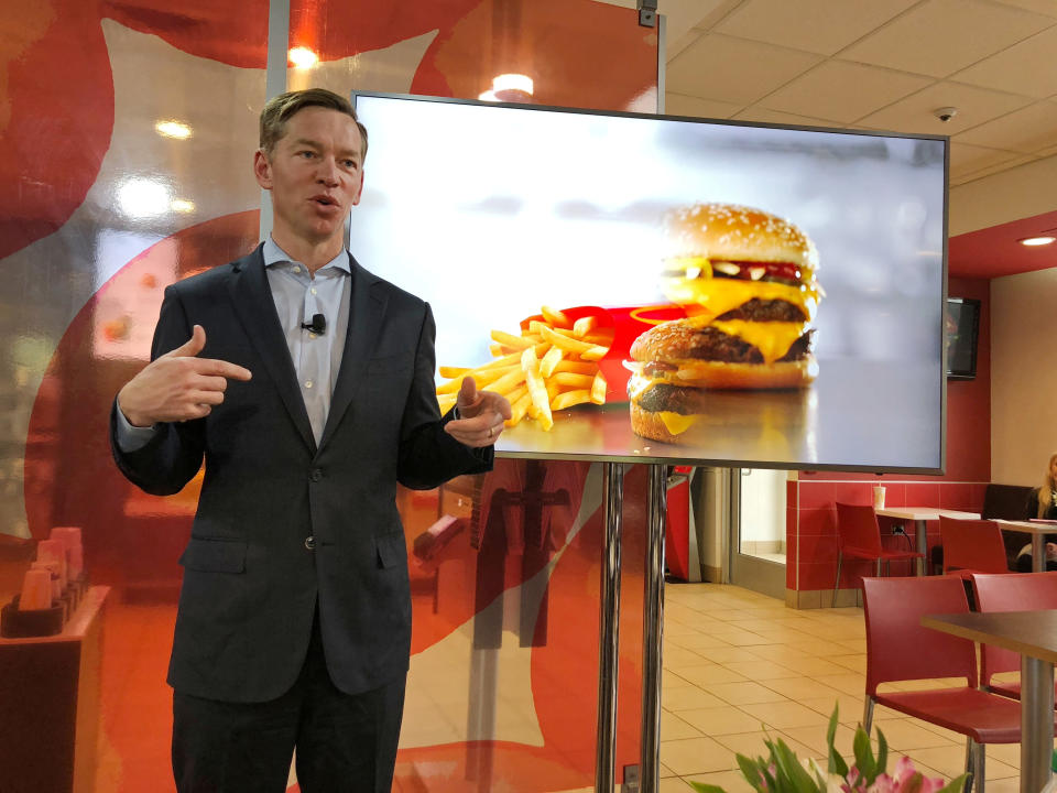 McDonald's U.S President Chris Kempczinski speaks about fresh beef expansion at a McDonald’s event in Oak Brook, Illinois, United States March 5, 2018.  REUTERS/Richa Naidu