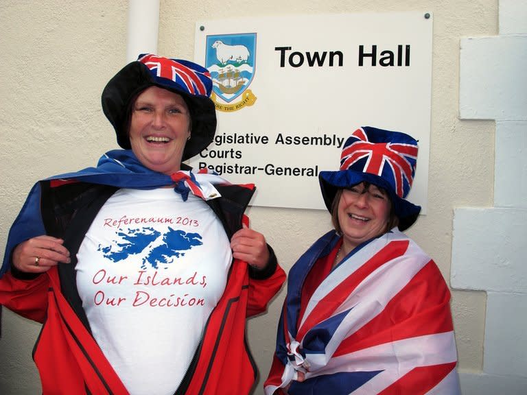 A woman shows her T-shirt in Stanley, the capital of the Falkland Islands, on March 10, 2013, during a referendum. Polls closed in the Falkland Islands on the first day of a two-day vote intended to show the world that the residents want to stay British amid increasingly bellicose claims by Argentina