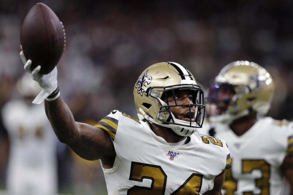 New Orleans Saints strong safety Vonn Bell (24) celebrates a fumble recovery in the first half of an NFL football game against the Dallas Cowboys in New Orleans, Sunday, Sept. 29, 2019. (AP Photo/Bill Feig)