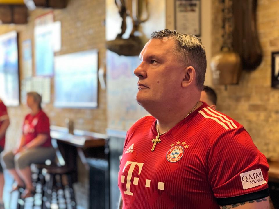Vick Fowler, one of the organizers Mia San Milwaukee Bayern Fan Club, watches a match at Old German Beer Hall.