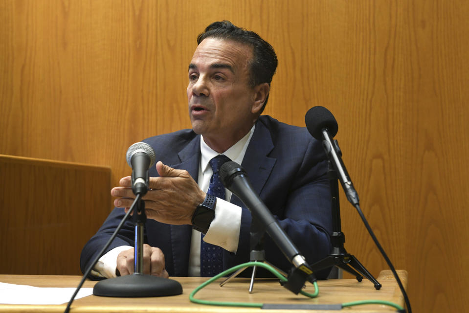 Bridgeport, Conn., Mayor Joe Ganim speaks during a hearing in Bridgeport Superior Court, Tuesday, Oct. 17, 2023, in Bridgeport. (Ned Gerard/Hearst Connecticut Media via AP, Pool)